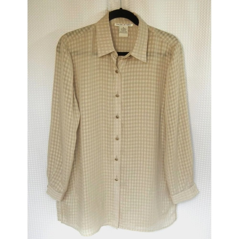 Checked S blouse sheer metallic threads 90's long sleeve polyester Shell Kepler